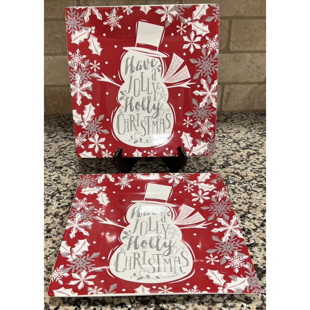 222 Fifth Winter Cheer Dinner Plates Set Of 2 Have A Jolly Holly Christmas 10"